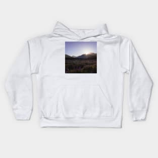 Lupin Field with the Sunset Behind a Mountain Kids Hoodie